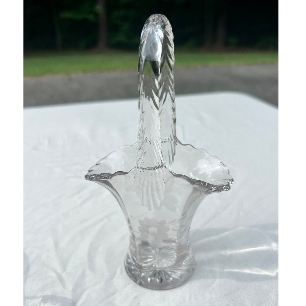 Vintage Duncan & Miller 6.5" Clear Etched Floral Glass Bride's Posy‎ Basket